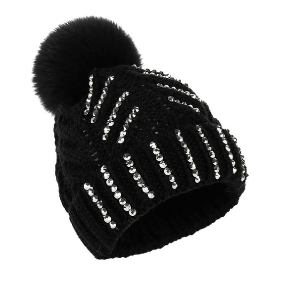 qolati Adults Kids Winter Beanie Hat with Faux Fur Pompoms Warm Knit Skull Cap Sequin Soft Ski Beanie for Women Men