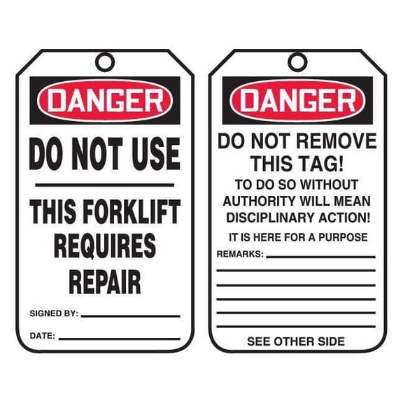 Tag, Forklift, Plastic, 5 3/4 in H x 3 1/4 in W, Rectangle, 25 PK