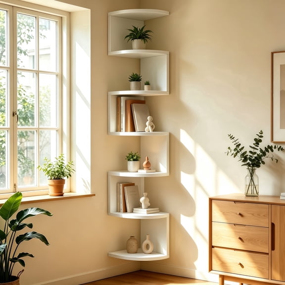 7-Tier Floating Corner Shelf, Wall Book Shelves for Storage and Display, Wood and Plastic Composite Materials,White,3.74Ft