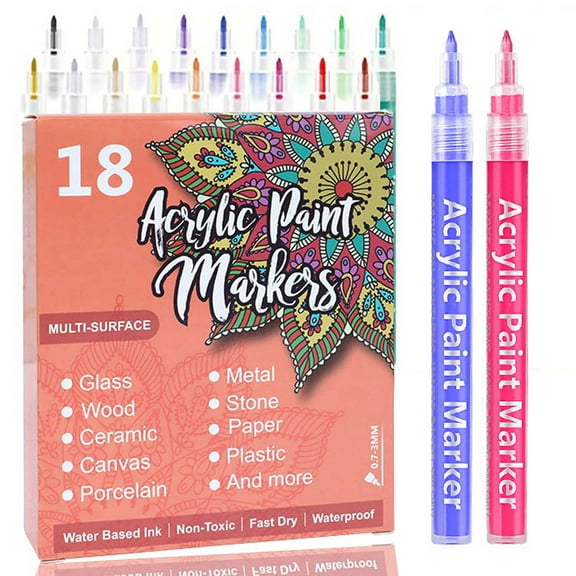 18 Colors Acrylic Marker Pens, 0.7 mm Extra Fine Point Paint Pen, Painting Pens, Permanent Markers for Rock Painting, Stone, Ceramic Glass, Wood, Card Stock, Canvas, DIY Crafts
