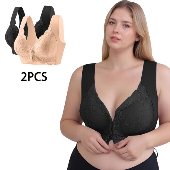 Sakmal Lace Women's Bras Bralette Jelly Full Coverage Front Closure Beige 2-Pack Comfort Womens Bras L