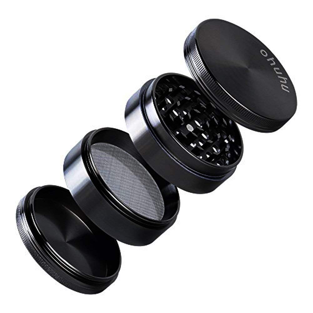 DCOU Large Aluminum Spice Herb Grinder Black 4 piece 2.5 inches Plant Grinder Pollen Collector with Magnetic Lid and Pollen Catcher