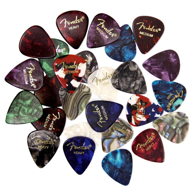 Palas para guitarra Fender Premium Sampler, paquete de 24 con calibres finos, medianos y pesados