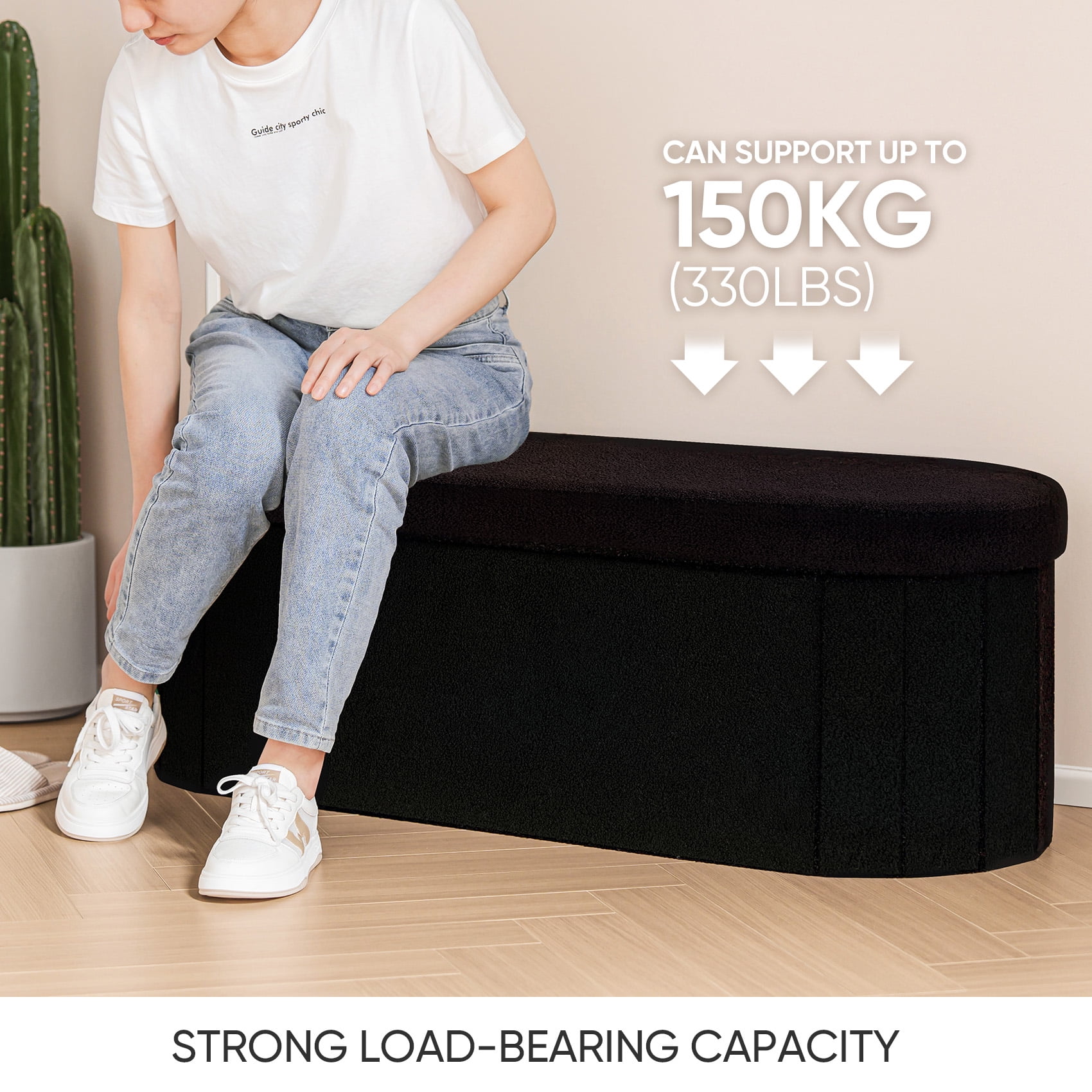 PINPLUS Storage Ottoman Bench Tufted Oval Ottoman Bench Foot Rest Velvet Bench with Storage 43" Black