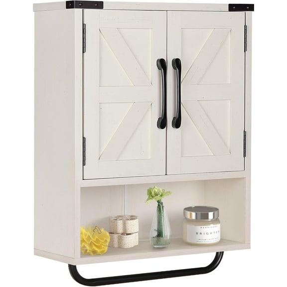 Farmhouse Wall Storage Cabinet with Two Barn Door, Rustic Mounted Medicine Cabinet with Adjustable Shelf and Towel Bar, 3-Tier Wood Cabinet for Kitchen, Bathroom, Living Room (Vintage White)