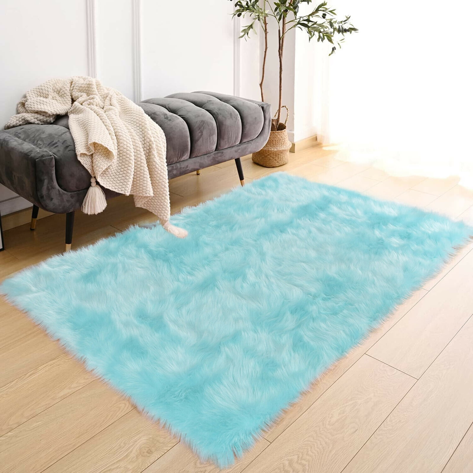 Latepis Light Blue Fur Rug 3x4, Faux Sheepskin Rugs for Living Room, Fluffy Shaggy Rugs for Bedroom, Teen Room, Dorm, Furry Rug, Boho Rug, Rectangle