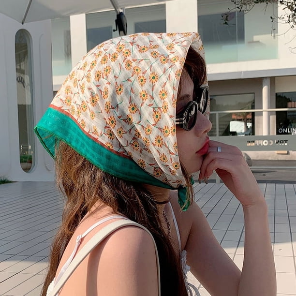 Zhuge Bufanda elegante, bufanda cuadrada pequeña de algodón y cáñamo con diseño de arte rural, bufanda para la cabeza con protección solar y parasol de verano (verde y amarillo)