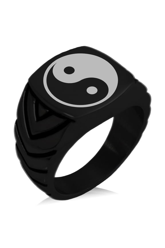 Stainless Steel Yin Yang Chevron Pattern Biker Style Polished Ring