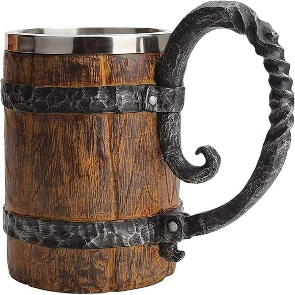 Wooden Barrel Beer Mug, Large Viking Cup Wood Style Beer Stein with Handle, Double Wall Stainless Steel Tankard Mug, Antique gifts for Men Bar Restaurant Renaissance Accessories