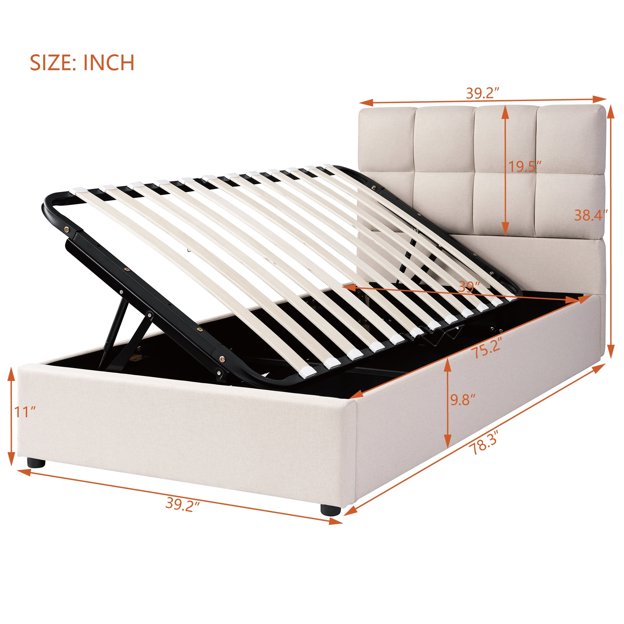 Twin Size Upholstered Platform Bed with Underbed Hydraulic Storage System