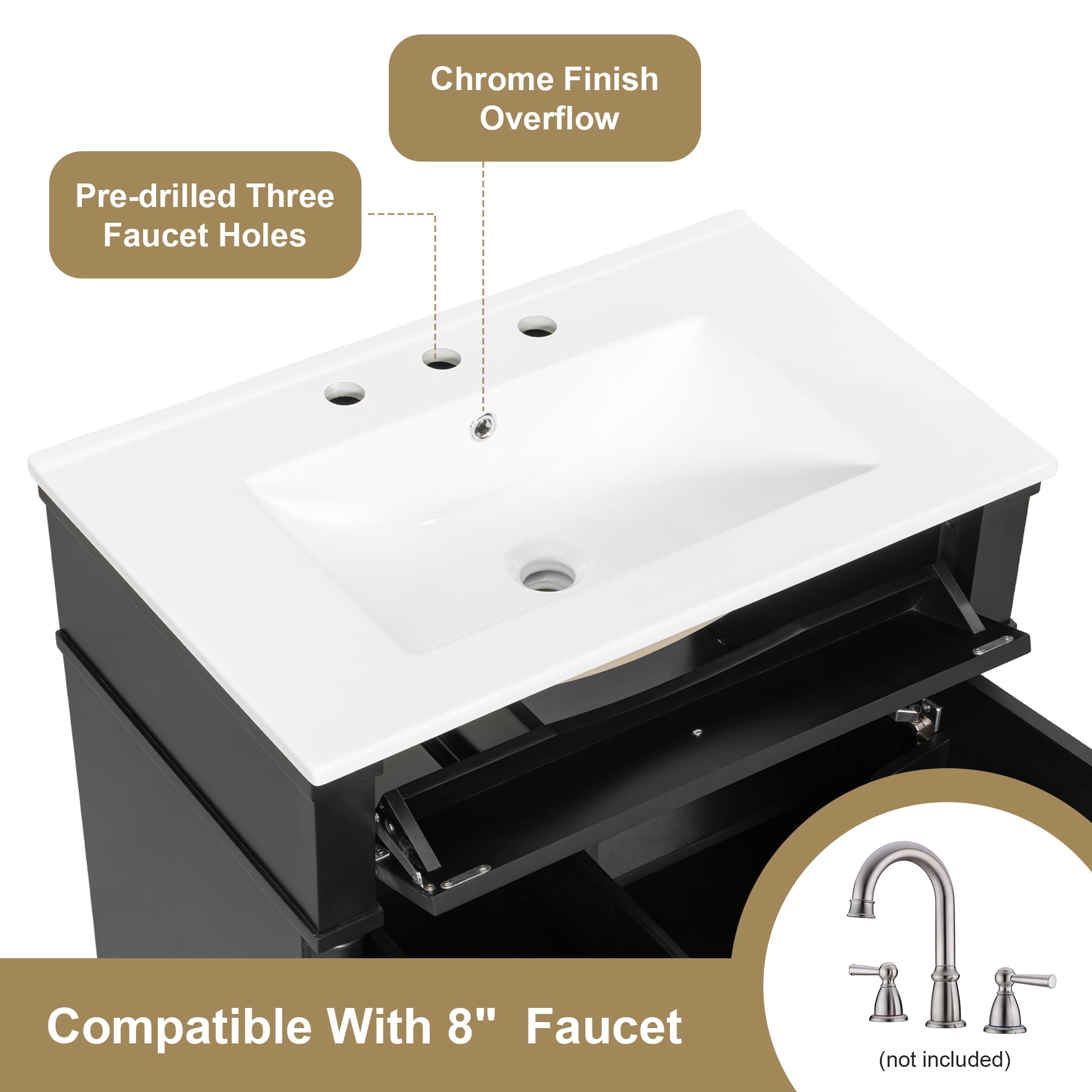 Alvantor 30" Bathroom Vanity with Ceramic Sink, Freestanding Storage Cabinet with Flip Drawers Black