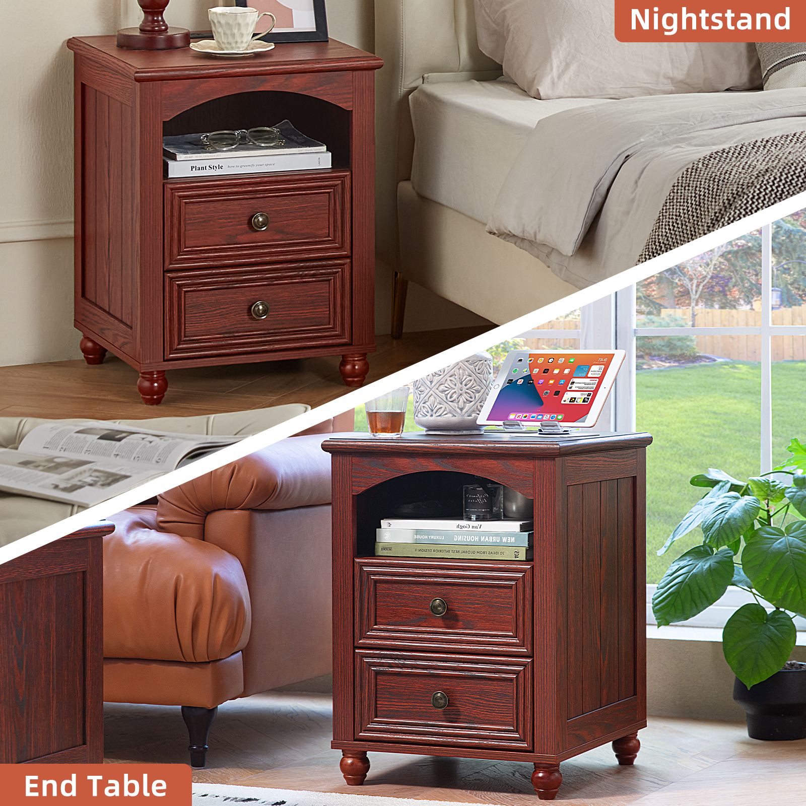 Nightstand Set of 2 with Charging Station, Rustic Modern Bedside Tables with 2 Drawers & Shelf, Bedside Tables End Table for Bedroom - Red Oak