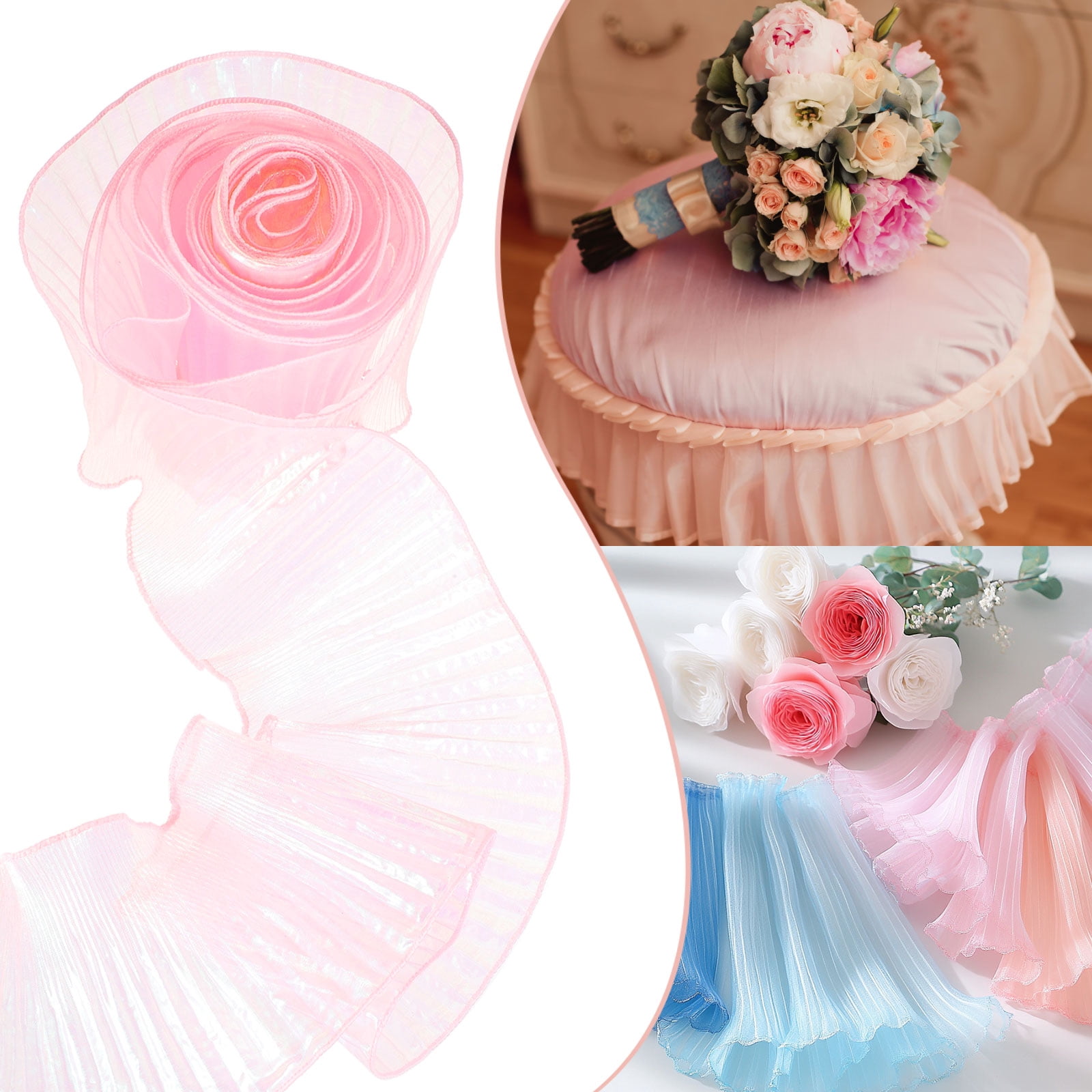 5.5" x 11 Yards Ruffle Pleated Organza Trim Iridescent Pleated Lace Trim Ribbon for DIY Craft Dress Clothing Wedding Gift Home Decoration, Light Pink