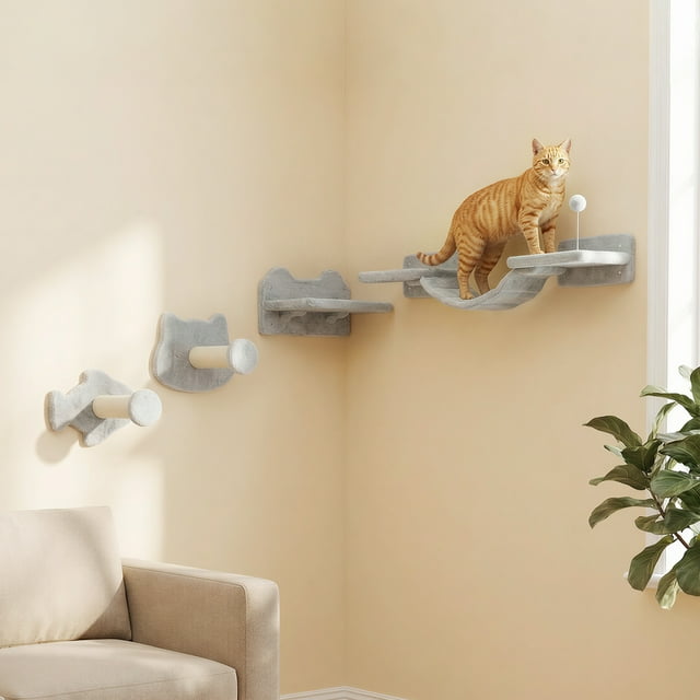PawHut 4PCs Cat Wall Shelves with Steps, Scratching Posts, Ladder