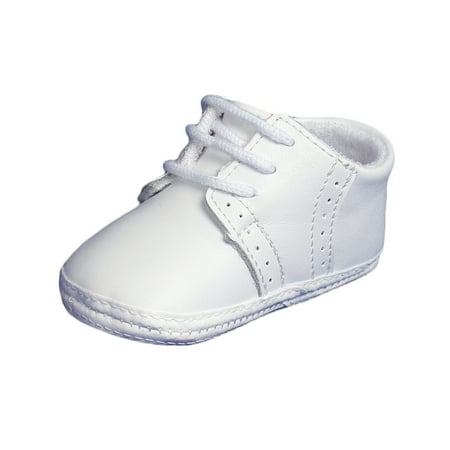 Image of Little Things Mean A Lot Baby Boys All White Genuine Leather Saddle Oxford Crib Shoe with Perforations