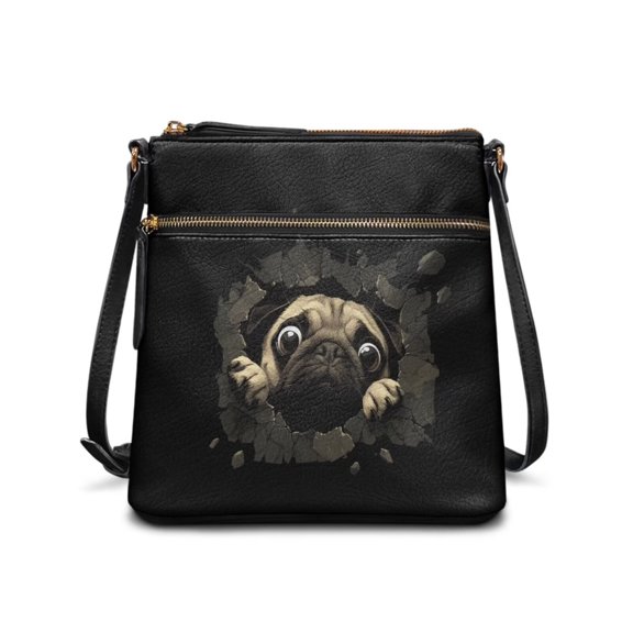 chaqlin Cute Pug Crossbody Purse Messenger Bag Women's Double Layer Sling Handbags Lightweight Multiple Pockets Shoulder Purse for Women