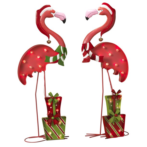 Lighted Holiday Flamingos (Set of 2)