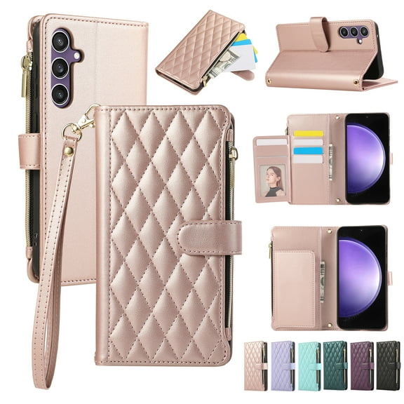 Allytechgroup Galaxy S25 Wallet Case with Cards Holder Zipper Pocket, RFID Blocking Hand Wrist Shoulder Strap Stylish Girls Women Phone Case for Samsung Galaxy S25, Rosegold