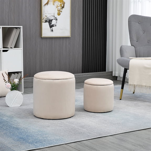 HOMCOM Ottoman with Storage Set of 2, Corduroy Stool with Removable Wood Lid, Cream White