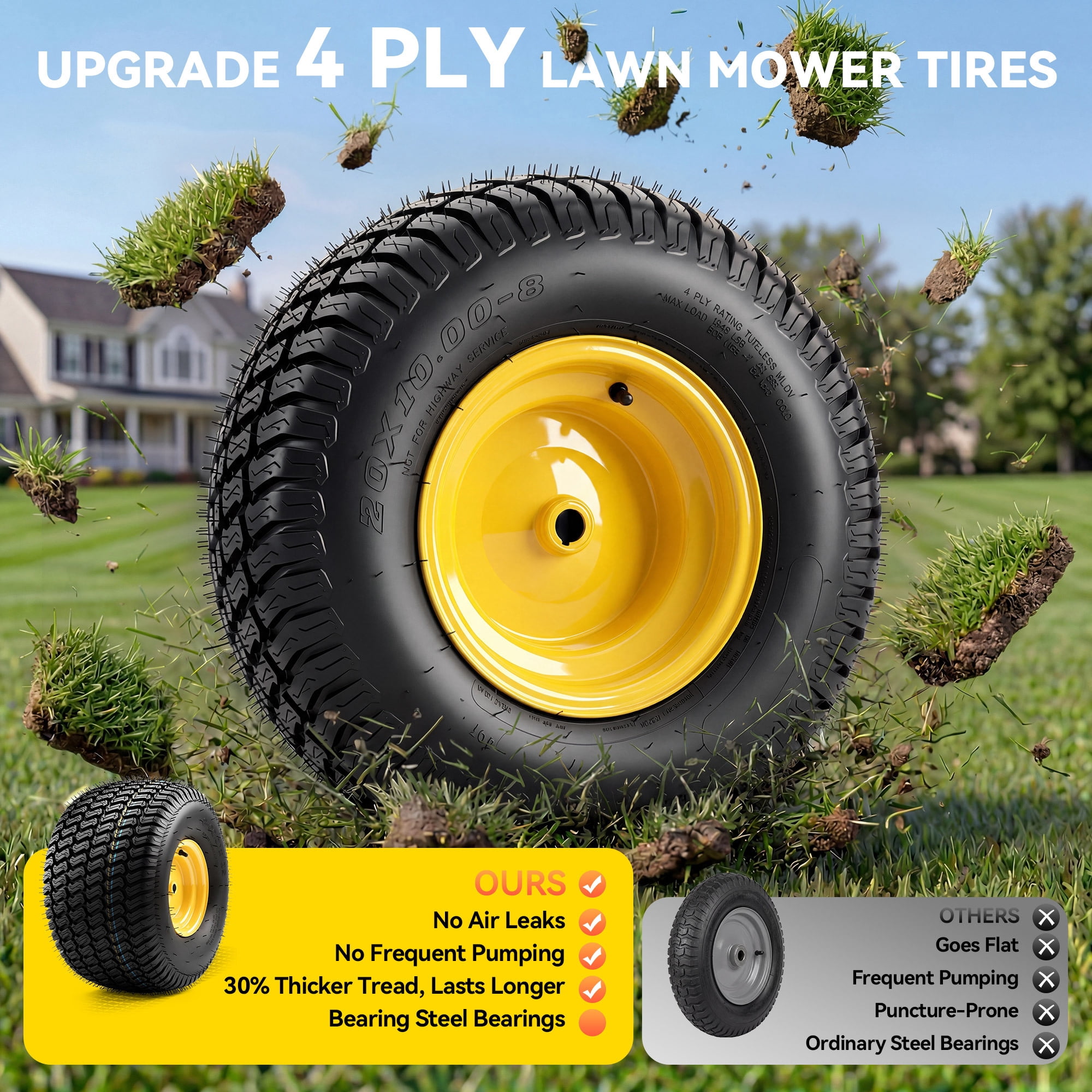 Uforic 20x10.00-8 Lawn Mower Tire & Wheel Assembly, 4 Ply Tubeless Front Replacement Tires, 3/4" Bore, 3/16" Keyway, 1200 LBS Load Capacity for Riding Lawn Tractors & Garden Vehicles, Set of 2