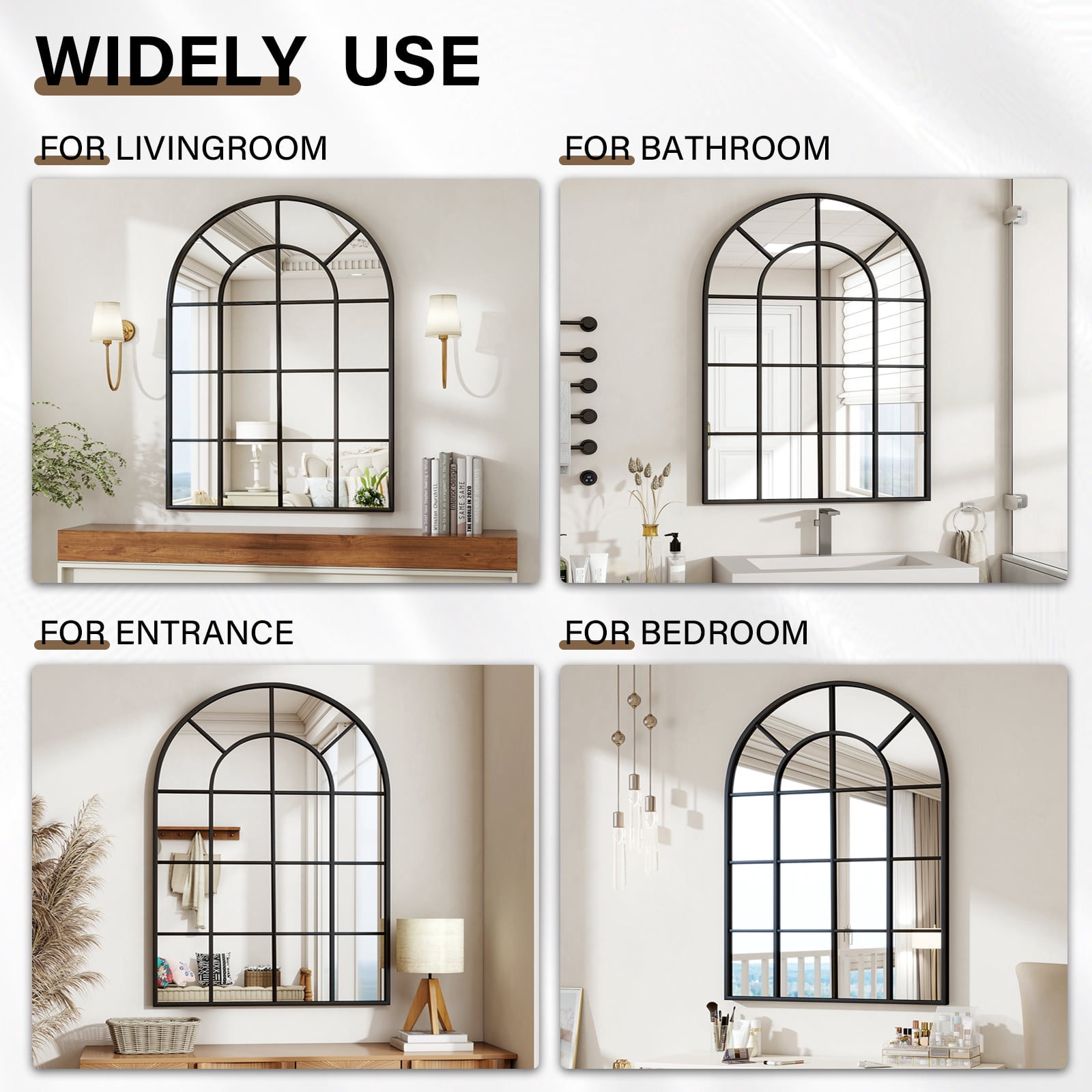 Easy4Home 40" x 30" Windowpane Arched Mirror Decorative Grid Wall Mirror, Black