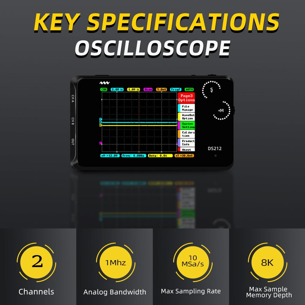 Pocket Oscilloscope DS212, Portable Oscilloscope Mini Size Handheld, Built-in Rechargeable Battery, 2 Channels, 1Mhz Bandwidth, Entry Level Oscilloscope for Beginner