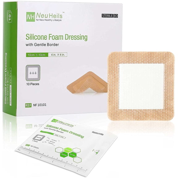 Silicone Adhesive Foam Dressing with Gentle Border 4''x4'' for Bed Sore Leg Ulcer 10 Pack, High Absorbency Waterproof Wound Bandage