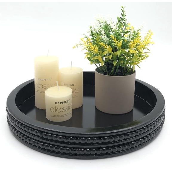 Black Round Modern Wooden Decorative Tray, Wood Serving Tray for Storage and Display