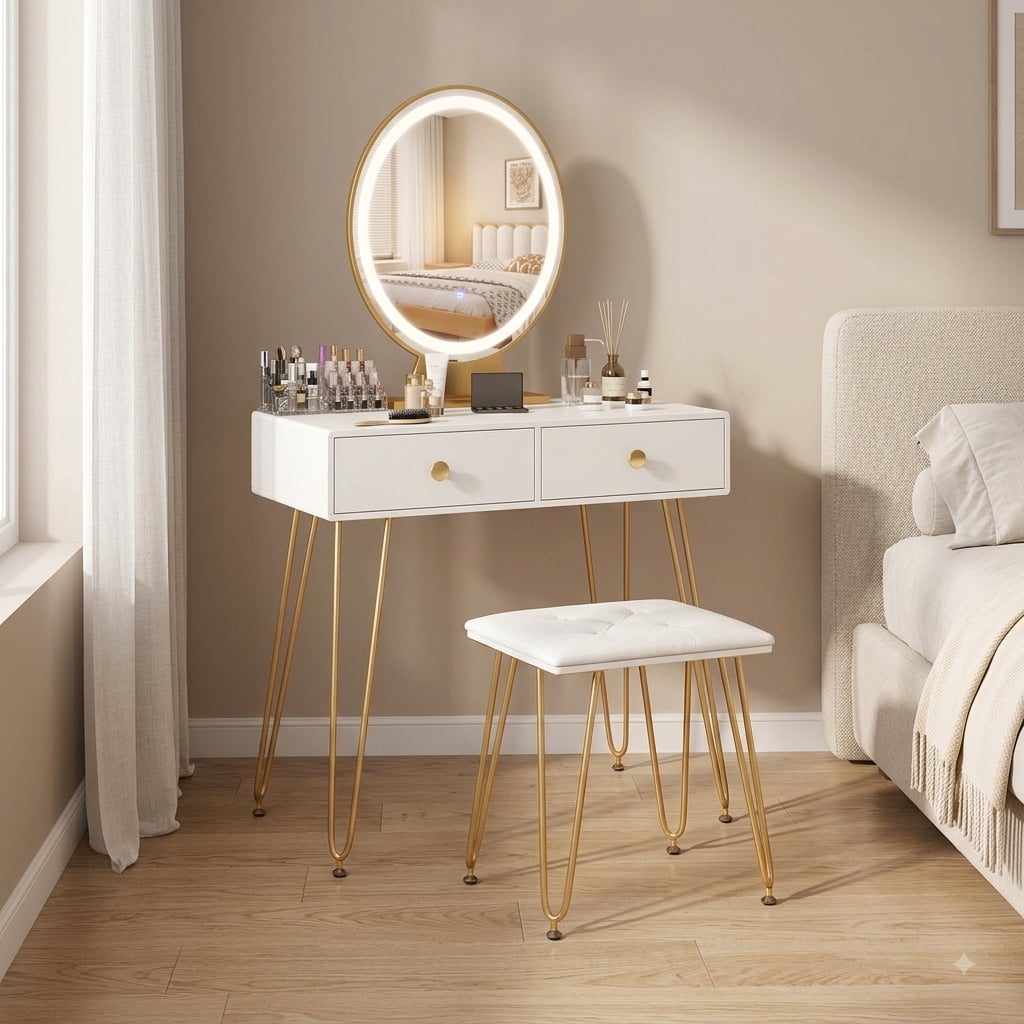 Furnibear Industrial Makeup Dressing Table with 3 Lighting Modes for Bedroom Makeup Dressing Room Vanity Desk Mirror Set, White