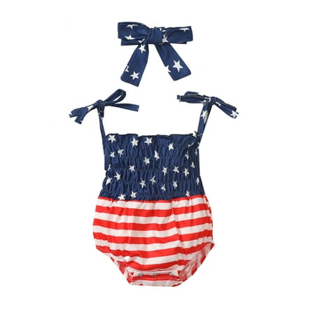 

Bagilaanoe 4th of July Newborn Baby Girl Rompers Star Print Tie-up Bodysuit + Headband 6M 12M 18M 24M Infant Independence Day One Piece Short Jumpsuit