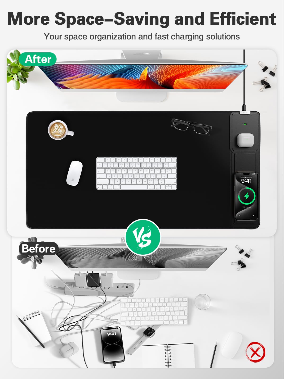 Miroddi Gaming Mouse Pad with Wireless Charging, Desk Mousepad with Phone Holder, 15W Fast Charging Large Computer Keyboard Mat for Home, Office