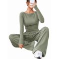 thumbnail image 3 of Women'S 2 Piece Matching Lounge Set Long Sleeve Boat Neck Top Wide Leg Pants Casual Sweatsuit Bean Green M, 3 of 9