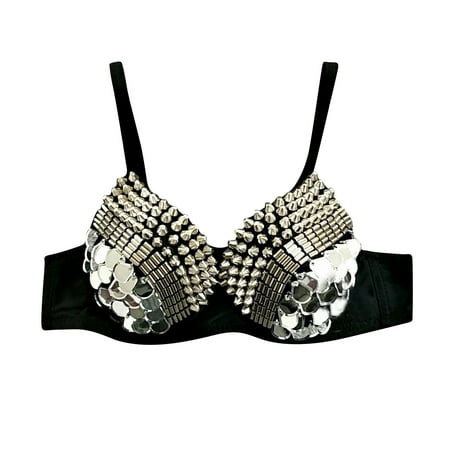 

TOYFUNNY Women s Fashion Rhinestone Sexy New Punk Lady Goth Silver Party Studded Bra