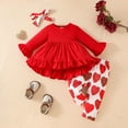 thumbnail image 2 of Toddler Girl Outfit Valentine's Day Heart Print Long Sleeve Ruffle Top and Pants Set with Headbands for Kids Cute Soft Wear Red 9 Months-12 Months, 2 of 7