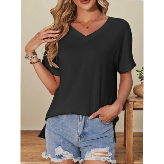 Women's V Neck T Shirts Casual Rolled Short Sleeve Side Split Summer Tops Loose Fit