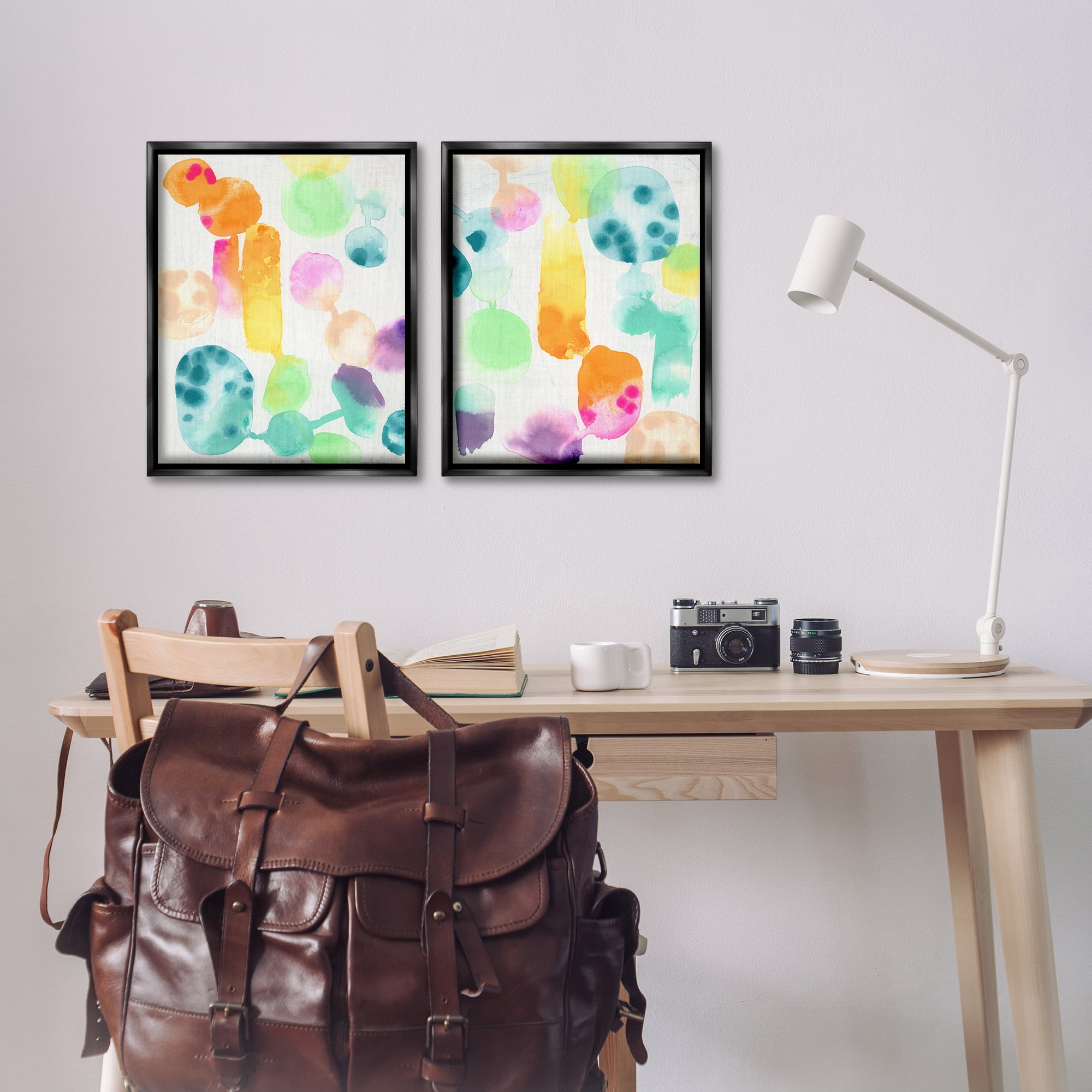 Stupell Industries Neon Colorful Abstract Shapes Abstract Painting Black Floater Framed Canvas Art Print Wall Art, 17 x 21, Set of 2