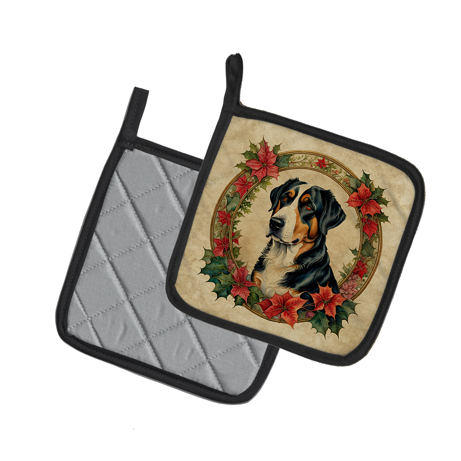 Greater Swiss Mountain Dog Christmas Flowers Pair of Pot Holders 7.5 in x 7.5 in