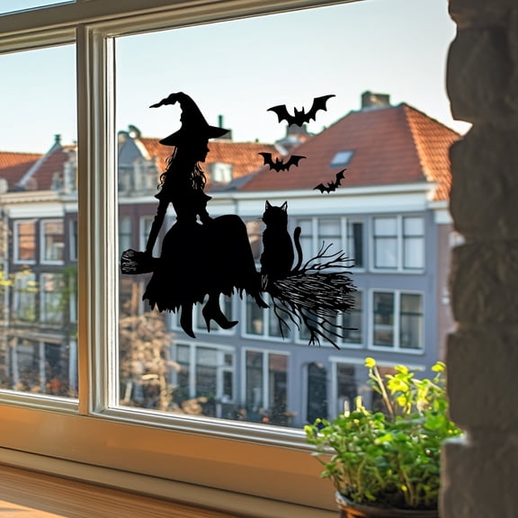 Halloween Window Clings with Witch, Black Cat, and Bat Silhouettes, Pvc Static Decals for Glass Windows and Home Decor