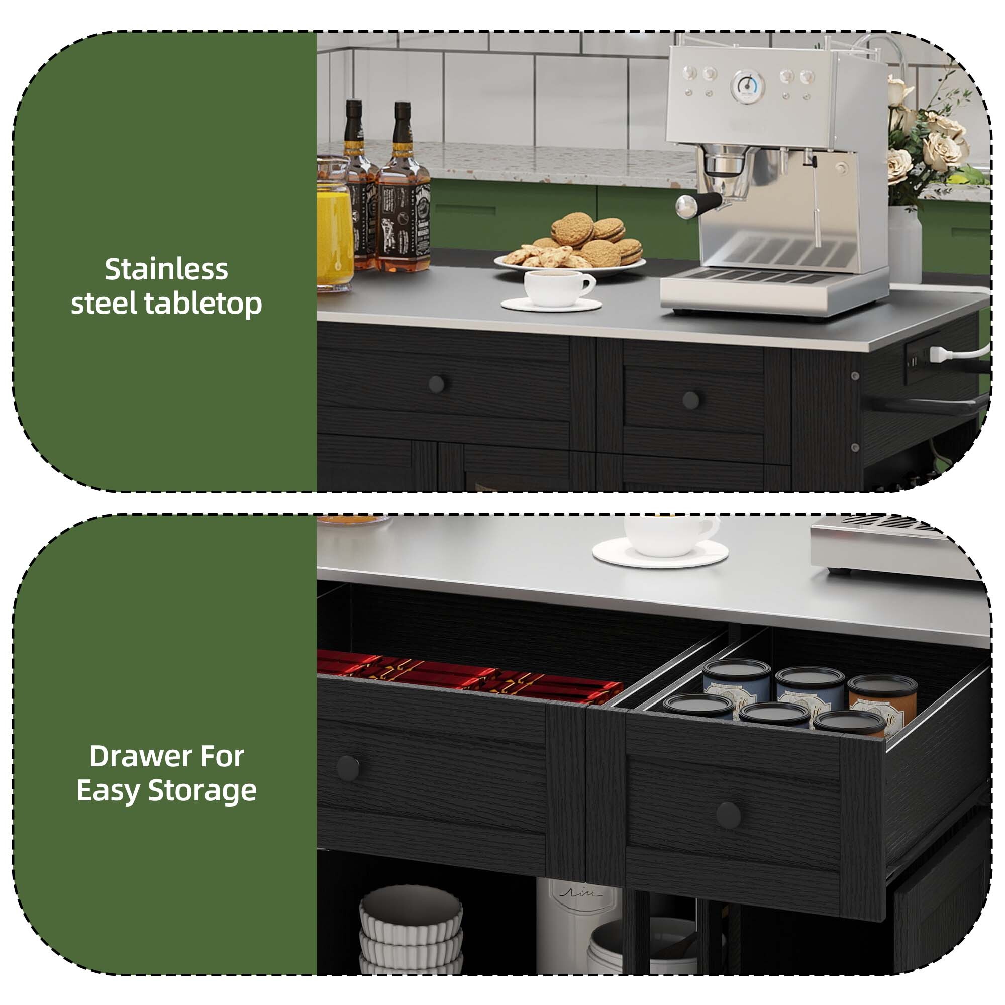 Uforic Kitchen Island with Storage & Drop Leaf, Kitchen Island Cart with Power Outlets, Black