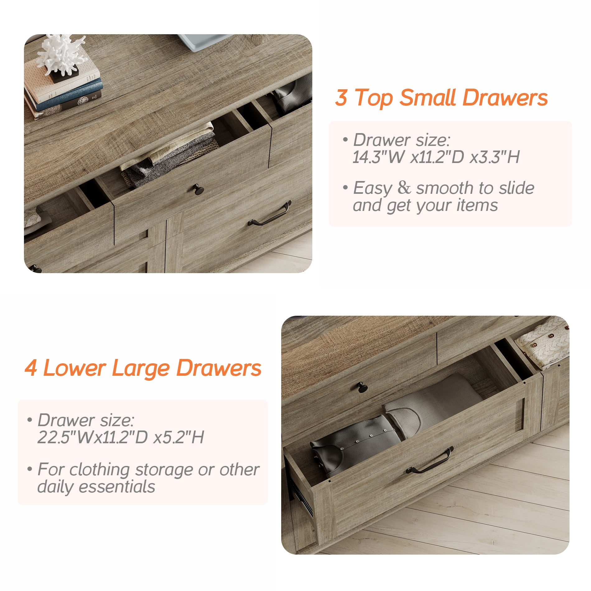 3 Piece Dresser and Nightstand Sets, Farmhouse Dresser with 7 Drawers, Set of 2 Night Stands with Charging Staion & Cabinet, 3 Piece Bedroom Set, Grey