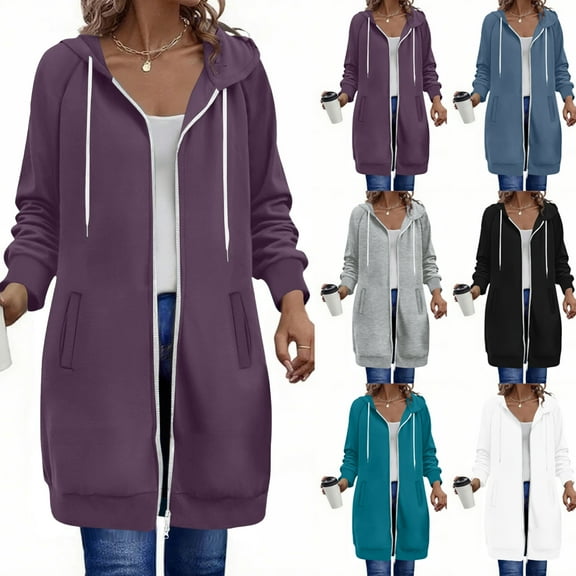 Resicozy Long Hoodies for Women Zip Up Casual Oversized Tunic Sweatshirts with Pockets 2025 Fall Lightweight Jackets Black L