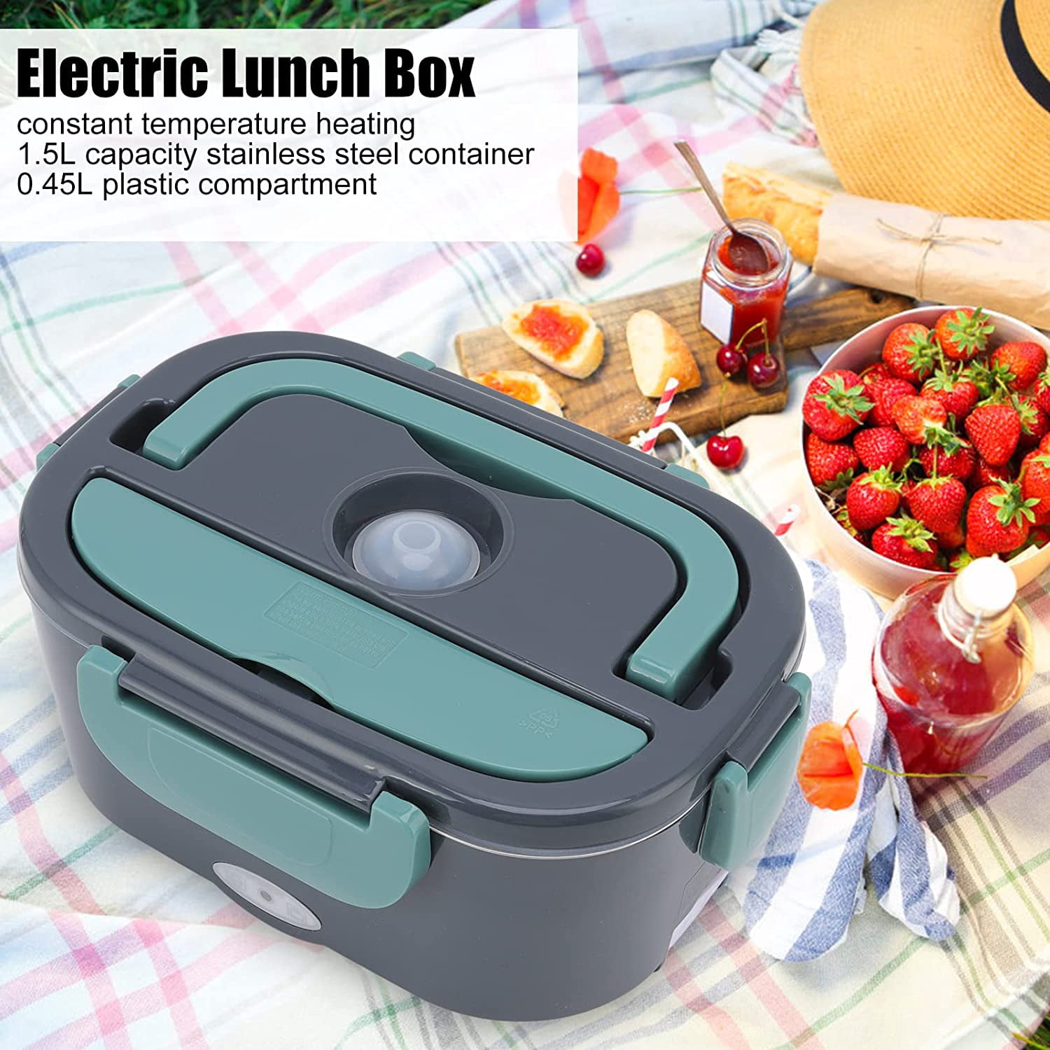 Carestrong Electric-Lunch-Box-Heated-Food-Warmer 40W Heating Lunchbox for Adults 1.5L Portable Food Heater for Work/Car, 12V/24V/110-240V Portable Electric with Fork Spoon (black+Green)