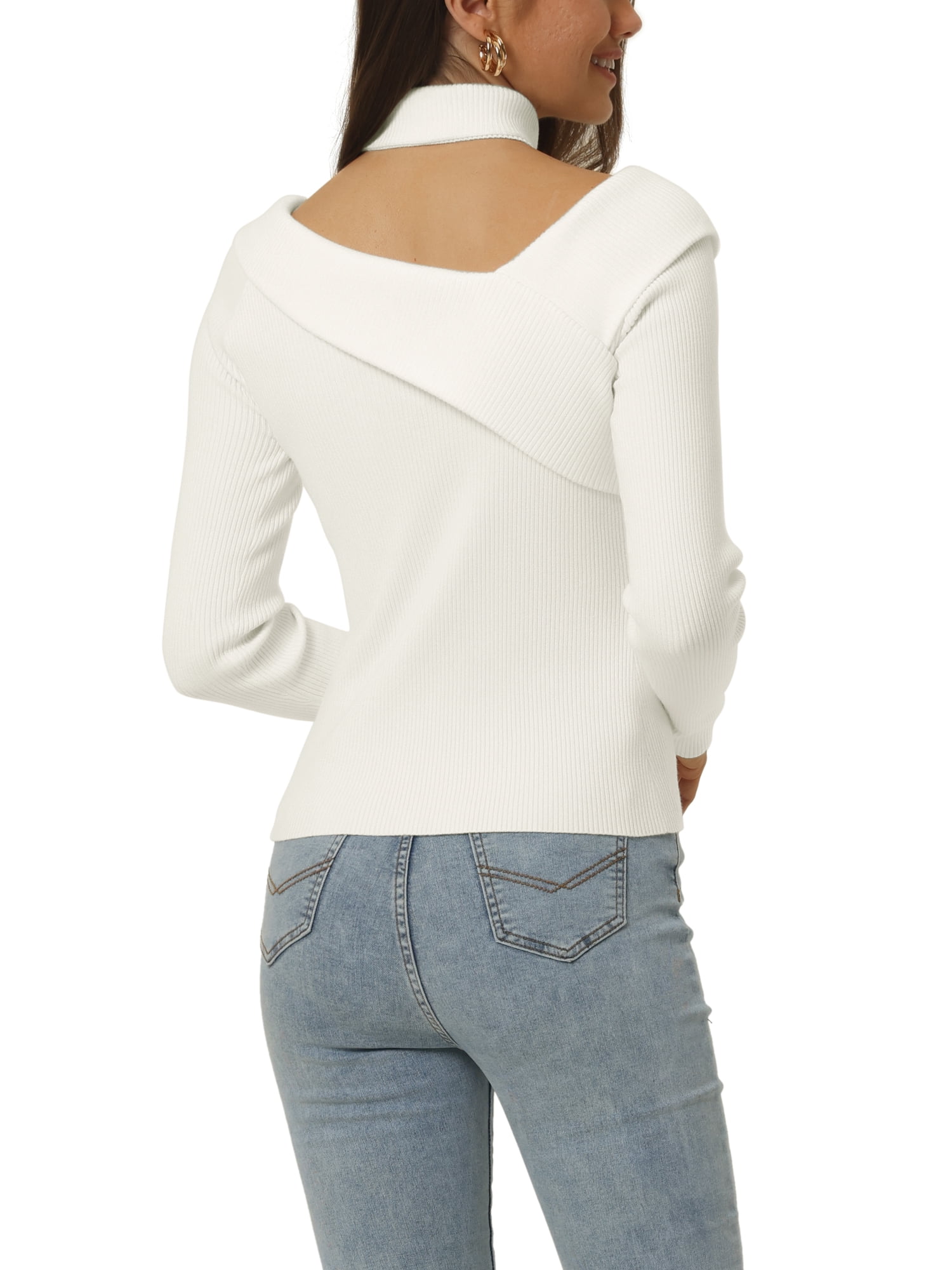 Unique Bargains Women's Long Sleeve V Neck Chocker Slim Fit Sweater Tops White XL