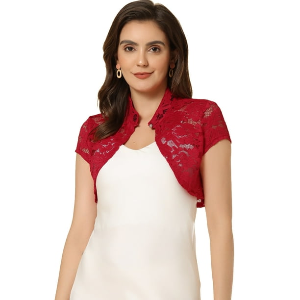 Cárdigan de encaje para mujer, cuello alto, corto, elegante, encogimiento de hombros Rojo XS