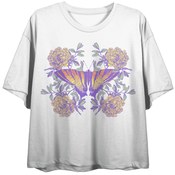 Vintage Floral Gradient Butterfly Crew Neck Short Sleeve Women's White Crop T-shirt-Medium