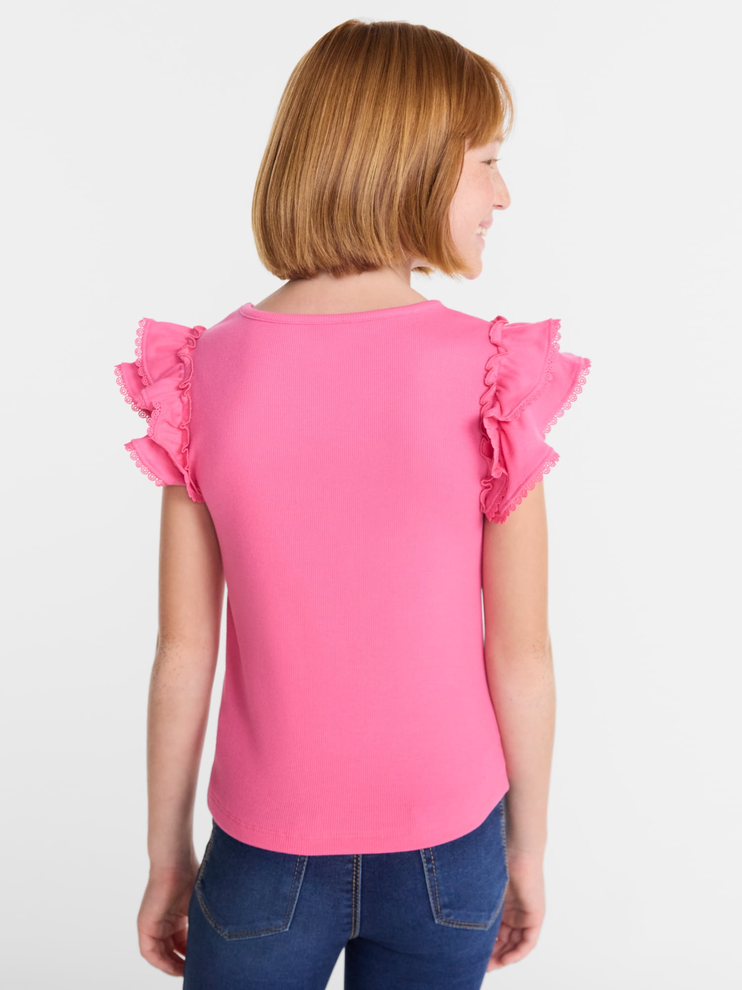 Wonder Nation Girls' Ribbed Top with Short Ruffle Sleeves, Sizes 4-18 & Plus