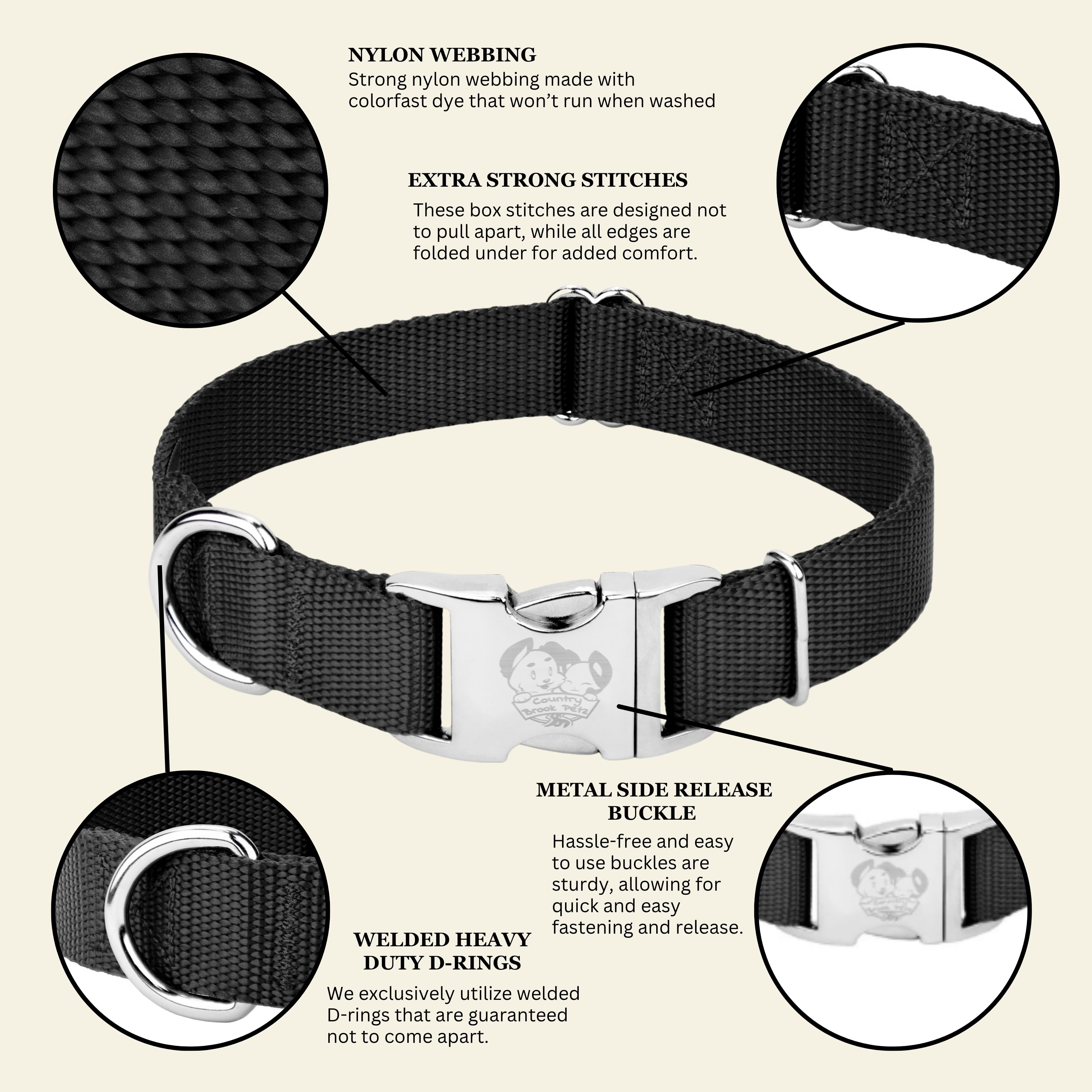 Country Brook Petz® Premium Nylon Dog Collar with Metal Buckle for Small Medium Large Breeds (Medium, 3/4 Inch, Black)