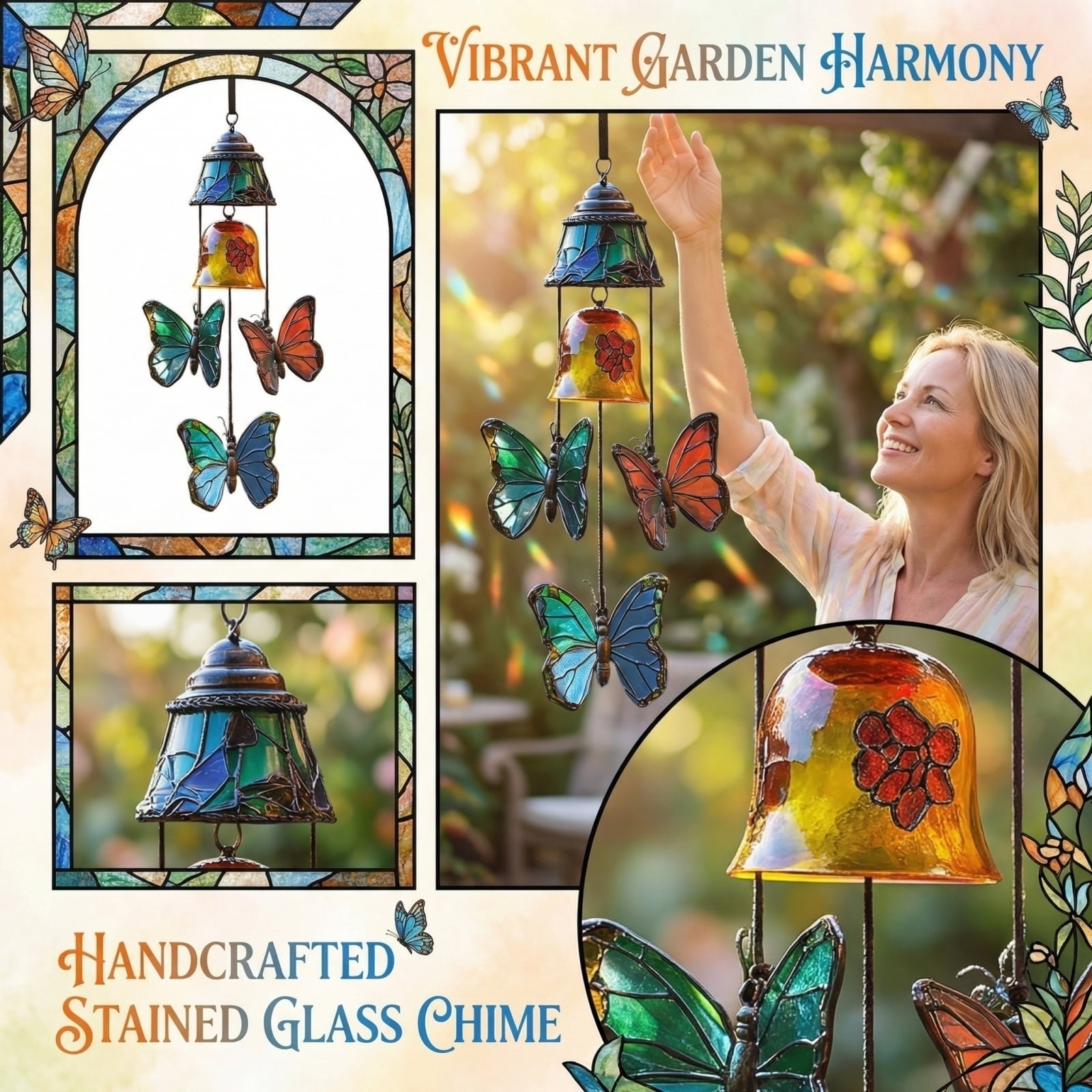 2PC Stained Glass Butterfly Wind Chime With Bells, Vintage Style Hanging Wind Bell for Outdoor Garden Patio, Colorful Butterfly Decor Wind Chime, Great Gift for Mom Grandma Nature Lovers