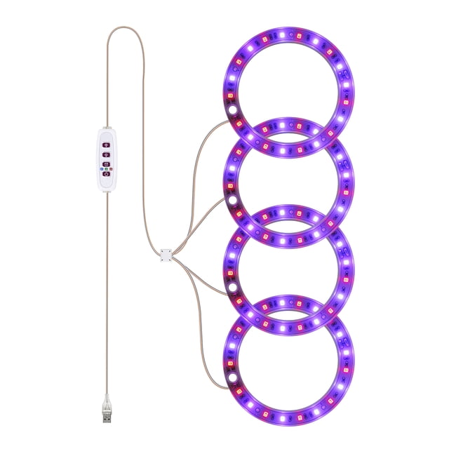 yeacher Adjustable USB-Powered LED Plant Growth Light with Red-Blue Spectrum, 20 Beads, 5 Brightness Levels, 8H/12H/16H Timer, Height Adjustable, 1 to 4 Pack Options