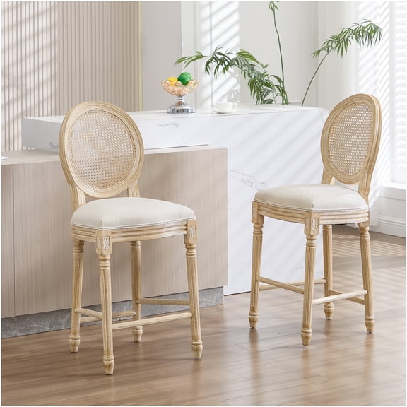 French Country Bar Stool Set of 2, 26" Height Upholstered Counter Chairs with Rattan Back, Beige Cotton Linen Fabric, for Kitchen Island, Dining Room & Bistro